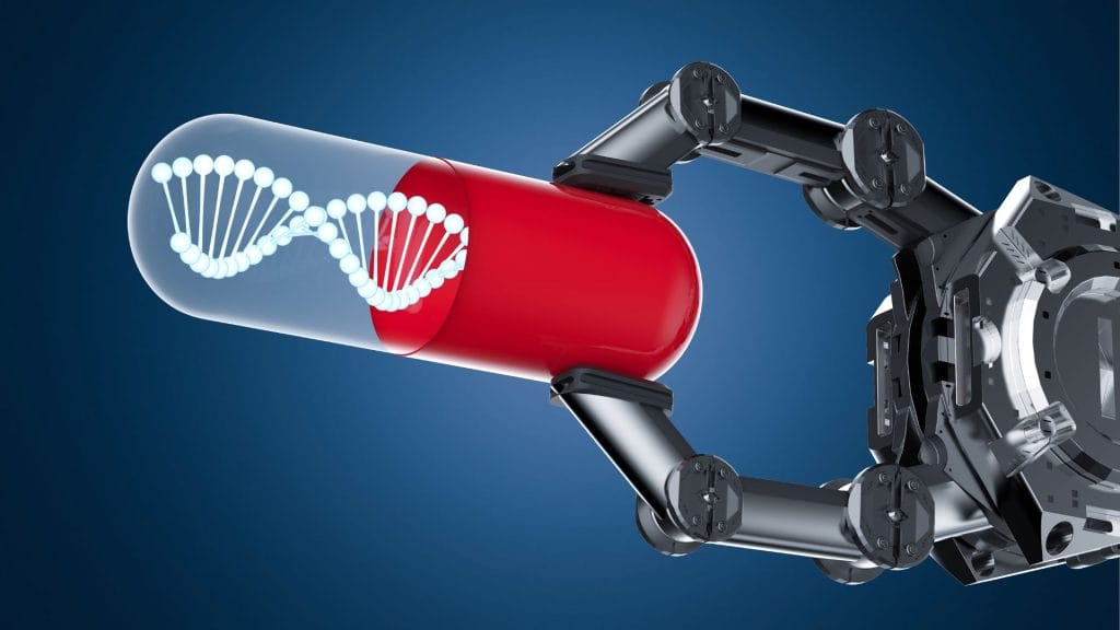 A robotic arm grips a capsule featuring a DNA double helix, symbolizing advancements in biotechnology and medicine.